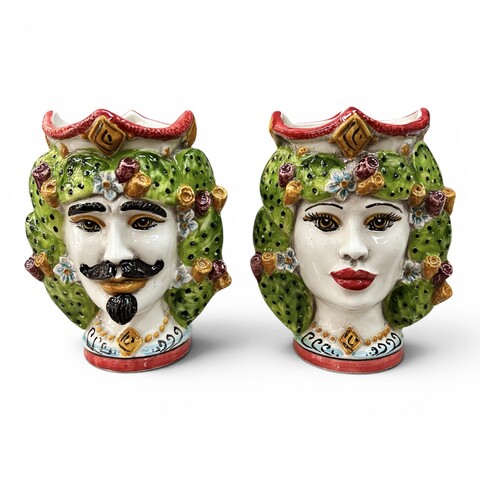 Teste di moro con fichi d’india in ceramica siciliana Produzione artigianale di Caltagirone h.15cm