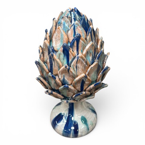 Carciofo ornamentale grande decoro blu e celeste in ceramica siciliana Produzione artigianale di Santo Stefano di Camastra h.40cm