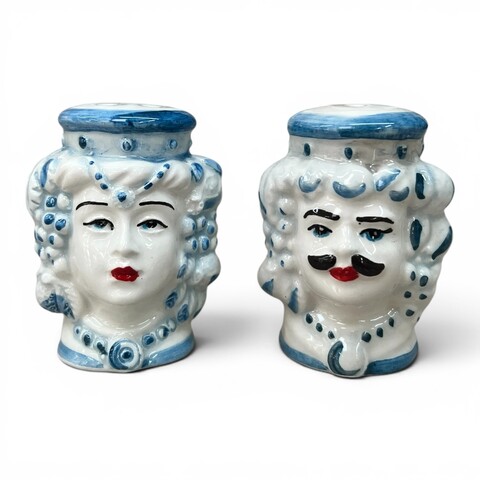 Teste di moro Sale e Pepe decoro frutta bianco e celeste in ceramica siciliana Produzione artigianale di Caltagirone h.6cm