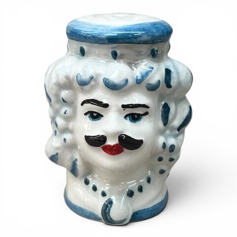 Teste di moro Sale e Pepe decoro frutta bianco e celeste in ceramica siciliana Produzione artigianale di Caltagirone h.6cm