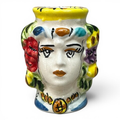 Teste di moro porta stuzzicadenti decoro frutta in ceramica siciliana Produzione artigianale di Caltagirone h.6cm