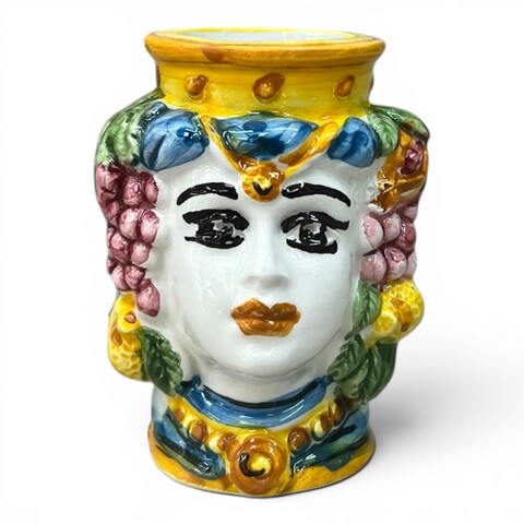 Teste di moro porta stuzzicadenti decoro frutta in ceramica siciliana Produzione artigianale di Caltagirone h.6cm