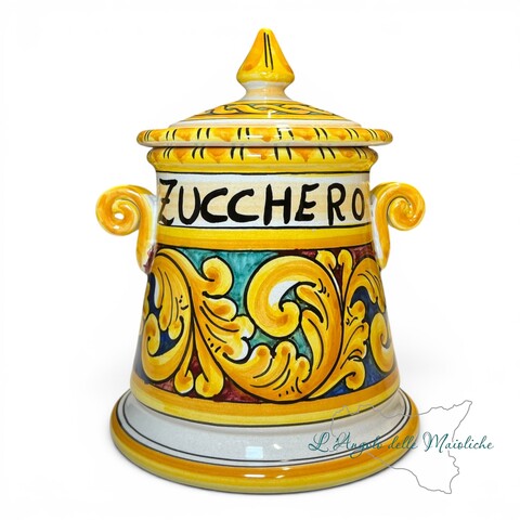 Set Barattoli sale e zucchero decoro ornato barocco giallo in ceramica siciliana Produzione artigianale di Santo Stefano di Camastra h.20cm