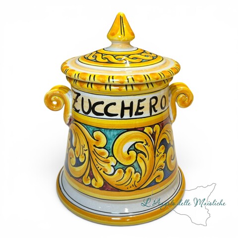 Set Barattoli sale e zucchero decoro ornato barocco giallo in ceramica siciliana Produzione artigianale di Santo Stefano di Camastra h.20cm