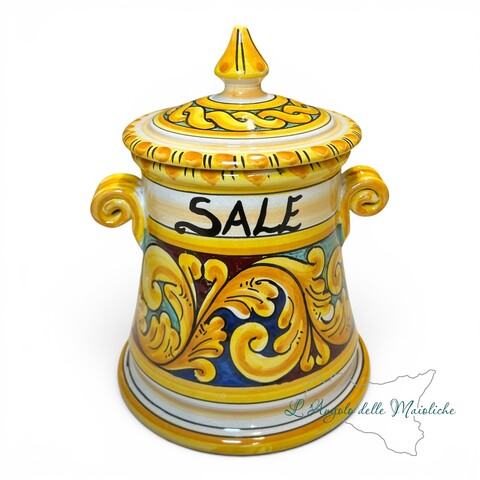 Set Barattoli sale e zucchero decoro ornato barocco giallo in ceramica siciliana Produzione artigianale di Santo Stefano di Camastra h.20cm