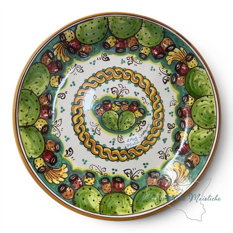 Piatto ornamentale da parete decoro fichi d’india con treccia in ceramica siciliana Produzione artigianale di Caltagirone Diametro 37cm