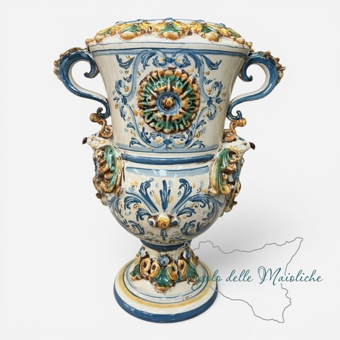 Vaso monumentale aquila decoro plastico blu e arancione in ceramica siciliana Produzione artigianale di Caltagirone h.35cm