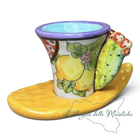 Tazzina espresso con piattino fico d’india decoro Sicily Folk in ceramica siciliana Produzione artigianale di Catania h.10cm
