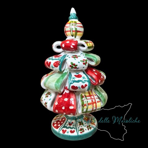 Albero di Natale in ceramica siciliana modello nastrini da appoggio Produzione artigianale di Caltagirone h.20cm