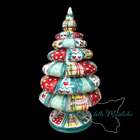 Albero di Natale in ceramica siciliana modello nastrini da appoggio Produzione artigianale di Caltagirone h.28cm