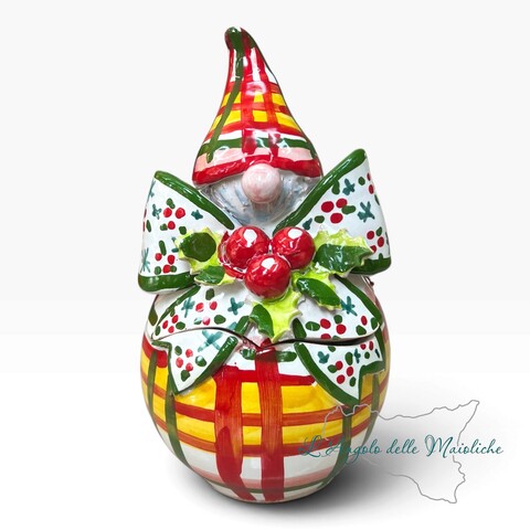 Gnomo Natalizio da appoggio portagioie in ceramica siciliana decorato a mano Produzione artigianale di Caltagirone h.23cm