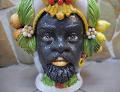 Coppia Teste di moro con frutta arance/limoni Cibele e Attis Produzione artigianale di Caltagirone h.30 cm