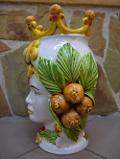 Coppia Teste di moro con frutta arance/limoni Cibele e Attis Produzione artigianale di Caltagirone h.30 cm