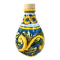 Oliera con manico in ceramica siciliana decoro ornato barocco giallo, verde e blu Produzione artigianale di Caltagirone h.15cm