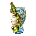 Teste di moro con fichi d'india decoro blu floreale Produzione artigianale di Caltagirone h.30 cm