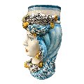 Teste di moro con turbante e drappeggio decoro floreale azzurro Produzione artigianale di Caltagirone h.40cm