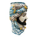 Teste di moro con turbante e drappeggio decoro floreale azzurro Produzione artigianale di Caltagirone h.40cm