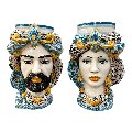 Teste di moro con turbante e drappeggio decoro floreale azzurro Produzione artigianale di Caltagirone h.40cm
