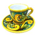 Tazzina da caffé in ceramica siciliana con piattino decoro ornato giallo e verde Produzione artigianale di Caltagirone h.6cm