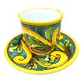 Tazzina da caffé in ceramica siciliana con piattino decoro ornato giallo e verde Produzione artigianale di Caltagirone h.6cm