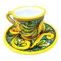 Tazzina da caffé in ceramica siciliana con piattino decoro ornato giallo e verde Produzione artigianale di Caltagirone h.6cm