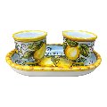 Set 2 tazzine da caffé in ceramica siciliana con vassoio decoro limoni Produzione artigianale di Caltagirone h.6cm
