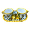 Set 2 tazzine da caffé in ceramica siciliana con vassoio decoro limoni Produzione artigianale di Caltagirone h.6cm