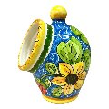 Saliera a salvadanaio con uva decoro floreale barocco fondo blu Produzione artigianale di Santo Stefano di Camastra h.20cm