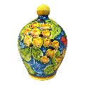 Saliera a salvadanaio con uva decoro floreale barocco fondo blu Produzione artigianale di Santo Stefano di Camastra h.20cm