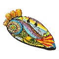 Svuota tasche/porta caramelle pala di fico d’india in ceramica siciliana decoro Sicilian Folk Produzione artigianale di Caltagirone Lunghezza 22cm