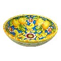 Ciotola centrotavola in ceramica siciliana con limoni decoro floreale fondo blu Produzione artigianale di Santo Stefano di Camastra Diametro 25cm