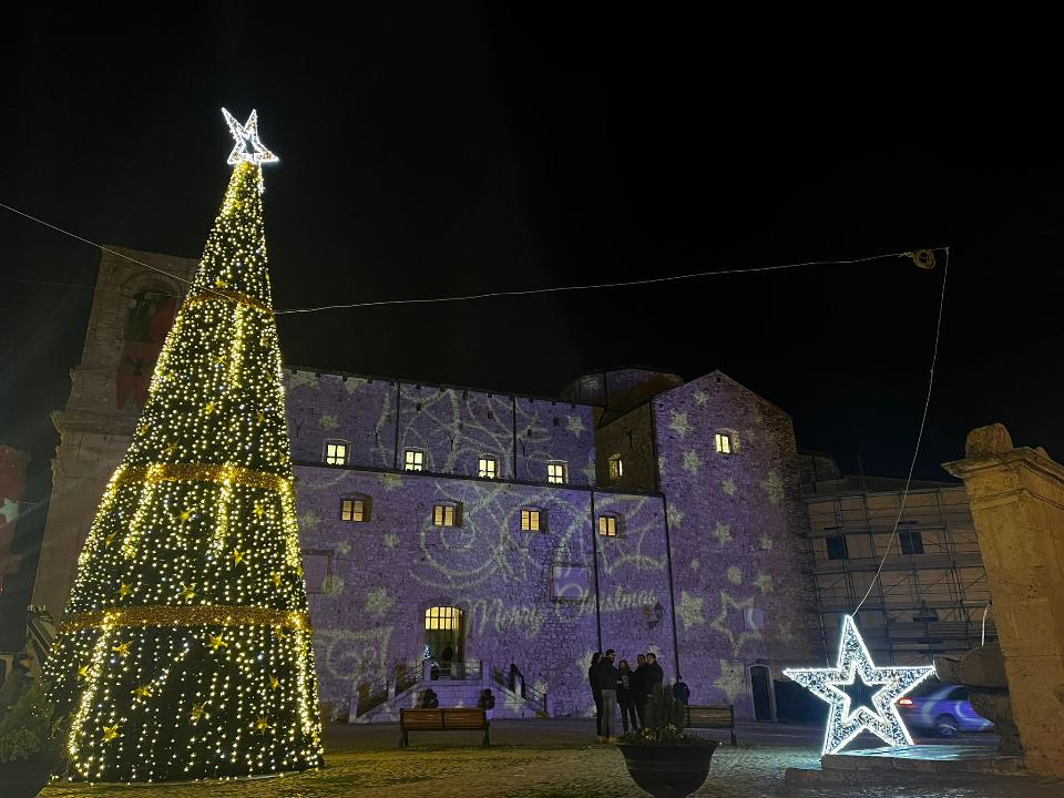 ALBERO CON CARPET VERDE E STELLE 12Mt Luminarie Natalizie per Piazze