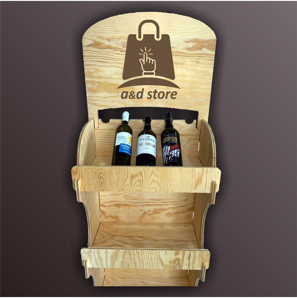 Espositore in legno A&D da terra per bottiglie di vino, 4 ripiani