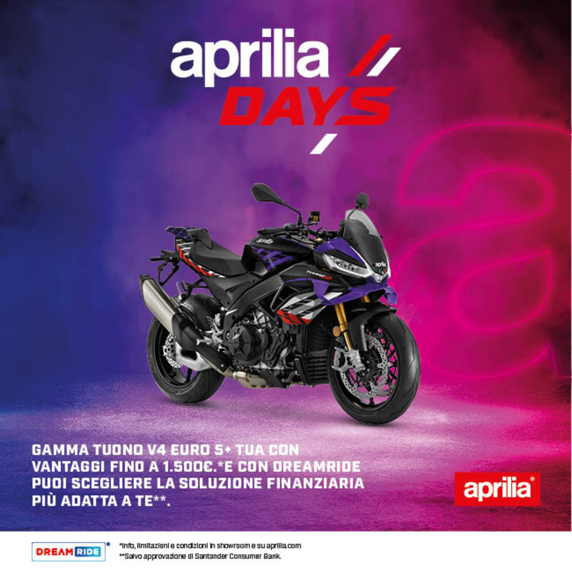 APRILIA TUONO V4 TUA CON VANTAGGI FINO A 1.500€ DA 160€ AL MESE (TAN 5,99%, TAEG 7,75%)