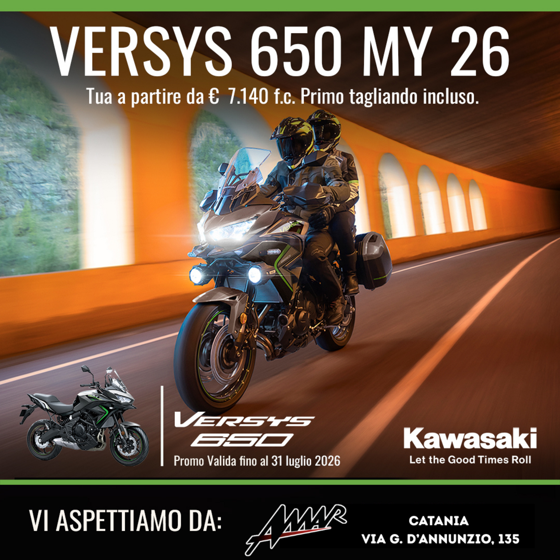 Versys 650 tua a partire da € 6.940 e primo tagliando incluso