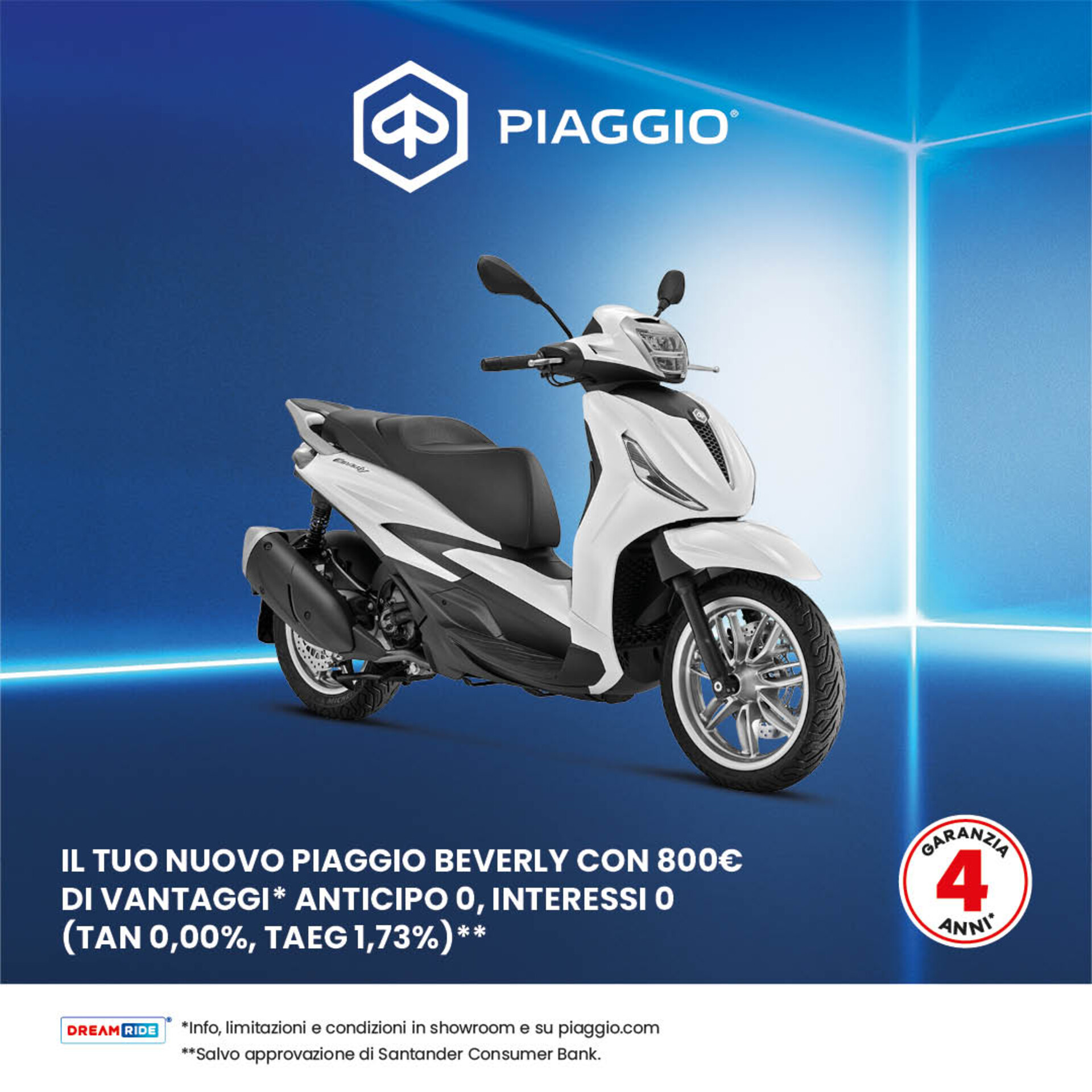 NUOVO PIAGGIO BEVERLY CON 800€ DI VANTAGGI, ANTICIPO 0, INTERESSI 0 (TAN 0,00%, TAEG 1,73%)