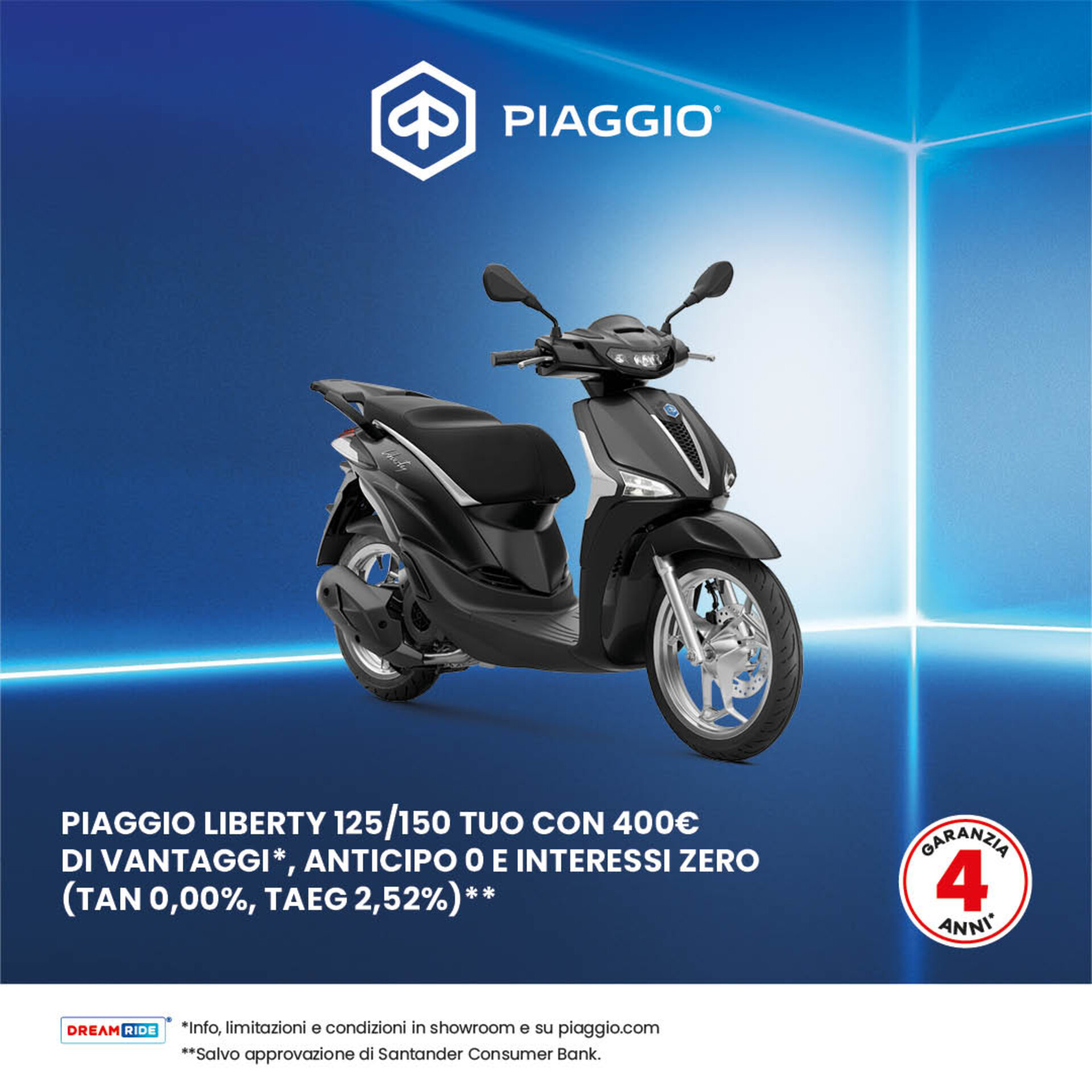 NUOVO PIAGGIO LIBERTY 125/150 CON 400€ DI VANTAGGI, ANTICIPO 0 E INTERESSI 0 (TAN 0,00%, TAEG 2,52%)