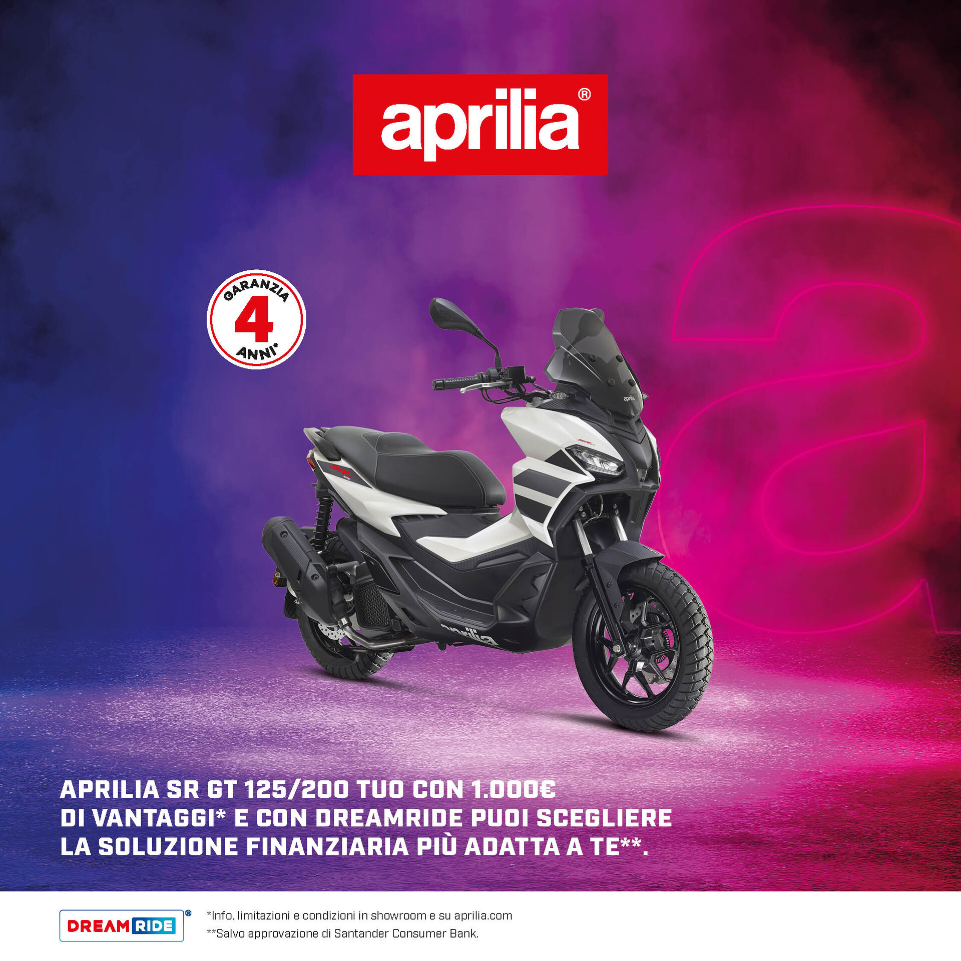 APRILIA SR GT 125/200 CON 1.000€ DI VANTAGGI, INTERESSI ZERO (TAN 0,00%, TAEG 8,50%)