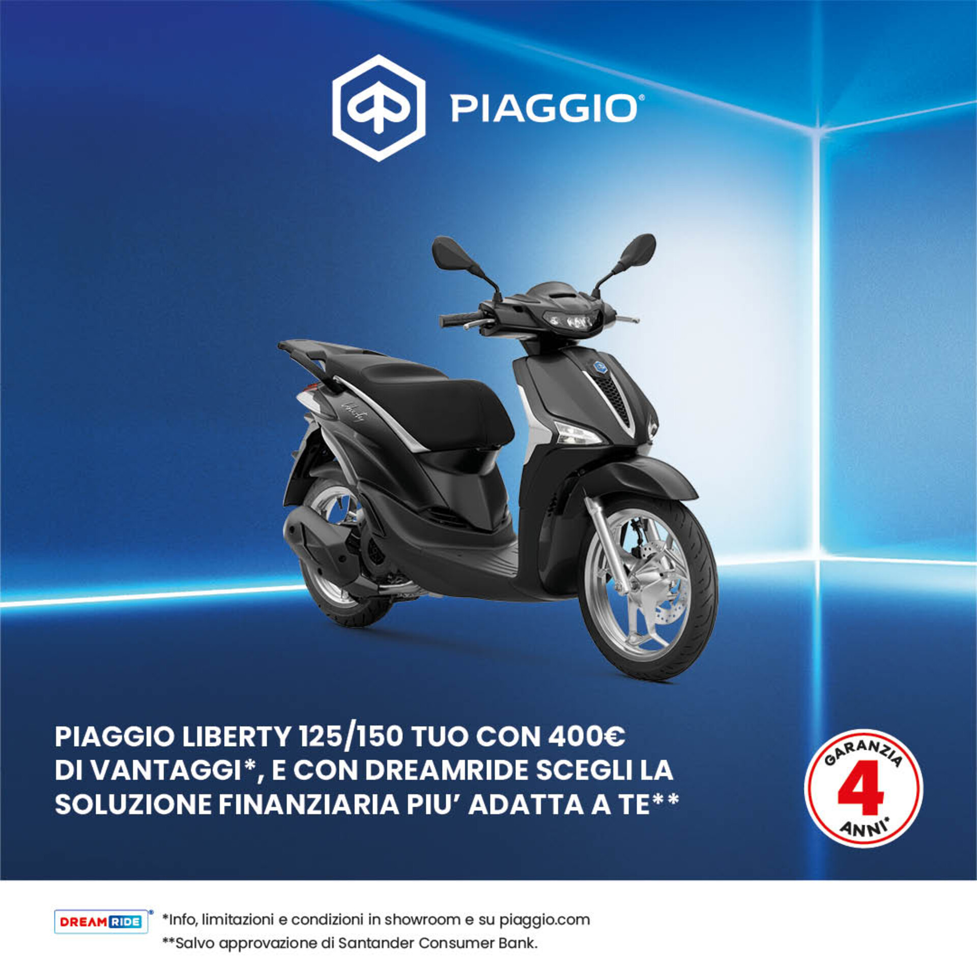 PIAGGIO LIBERTY 125/150 CON 400€ DI VANTAGGI DA 99€ AL MESE (TAN 0,00%, TAEG 12,32%)