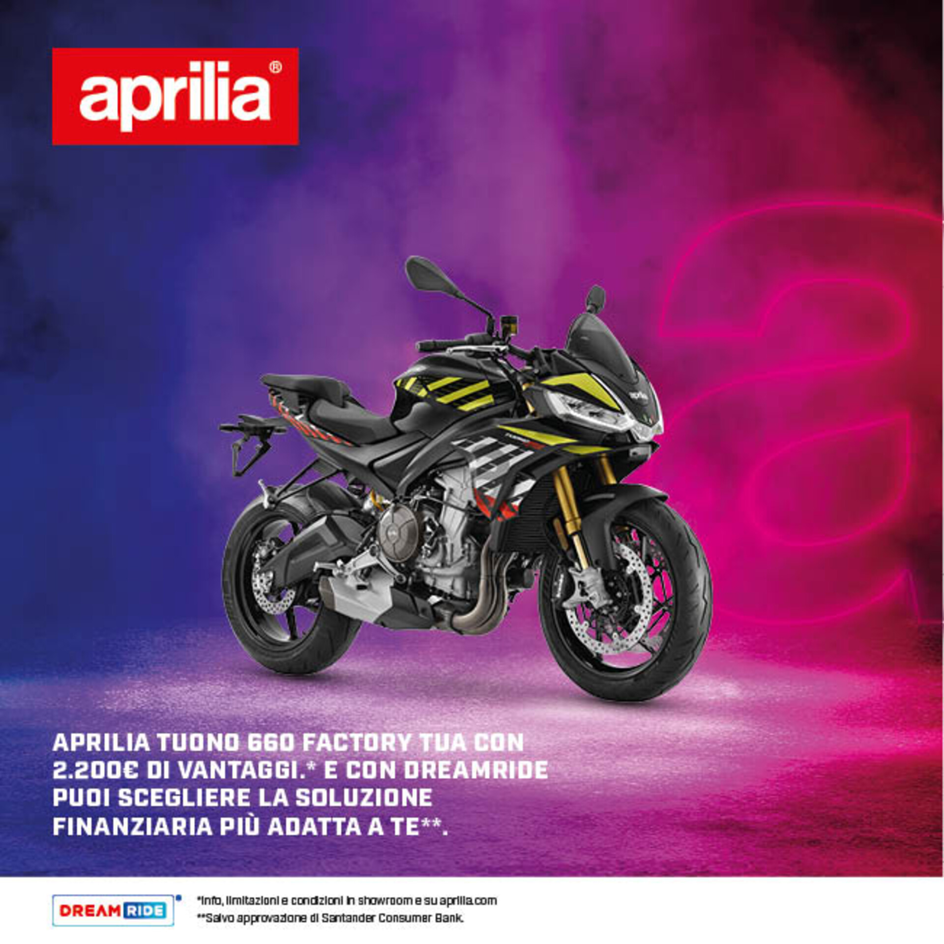 APRILIA TUONO 660 FACTORY TUA CON 2.200€ DI VANTAGGI DA 120€ AL MESE (TAN 5,99%, TAEG 8,19%)