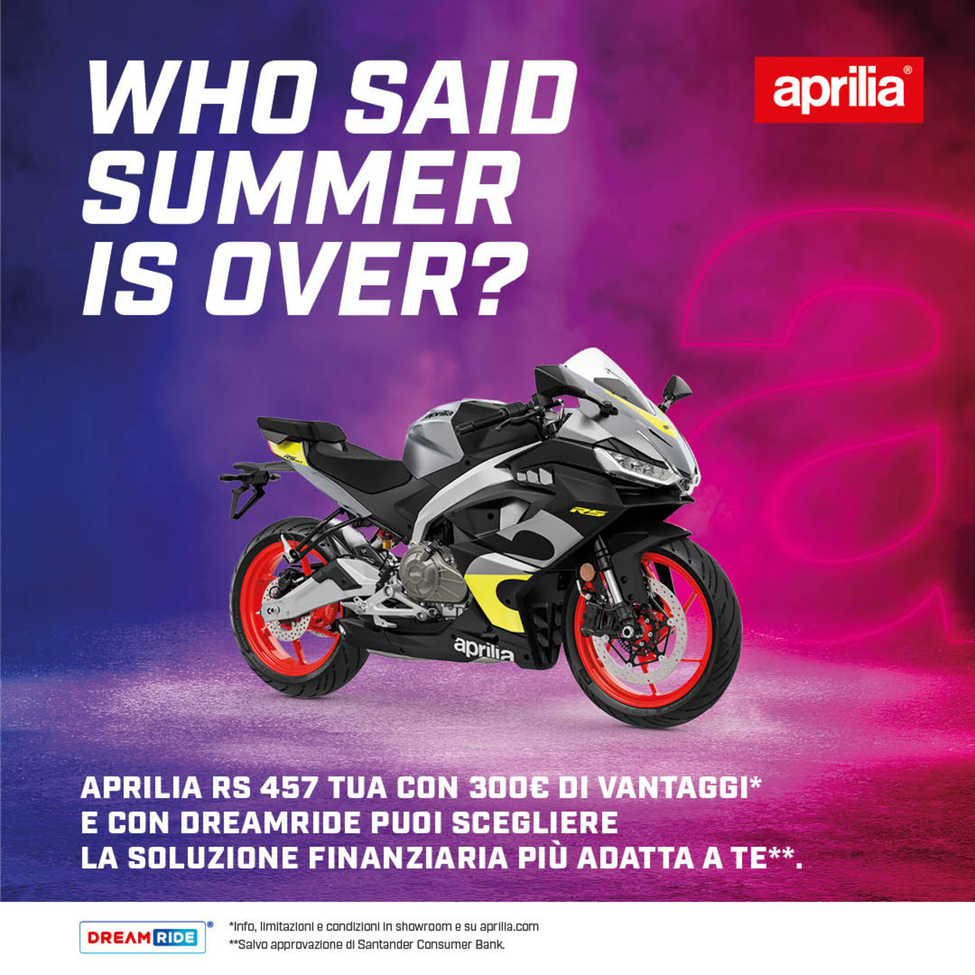 APRILIA RS 457 TUA CON 300€ DI VANTAGGI DA 80€ AL MESE (TAN 4,98%, TAEG 8,90%)
