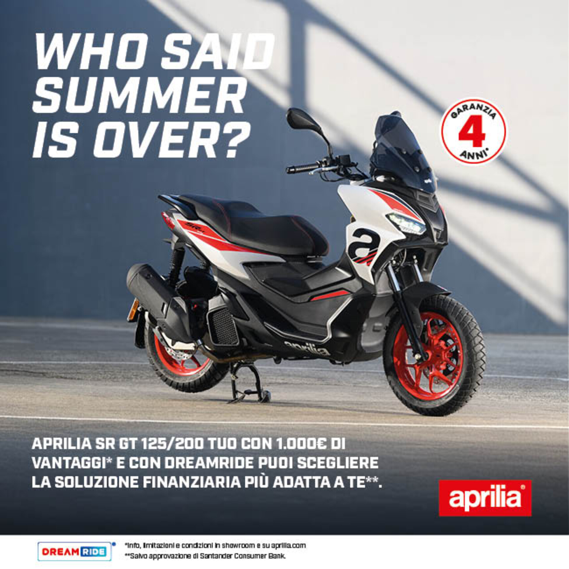 APRILIA SR GT 125/200 CON 1.000€ DI VANTAGGI, INTERESSI ZERO (TAN 0,00%, TAEG 9,32%)