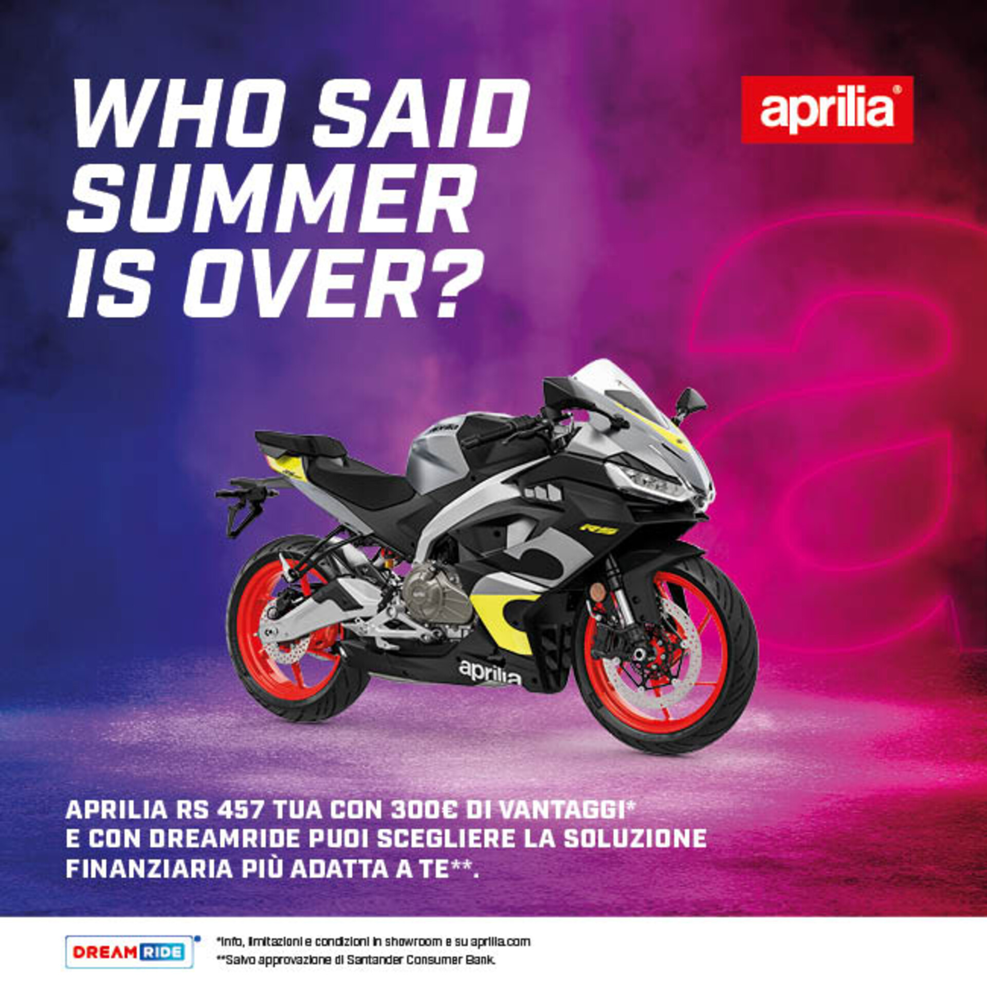 APRILIA RS 457 TUA CON 300€ DI VANTAGGI DA 79€ AL MESE (TAN 4,99%, TAEG 9,97%)