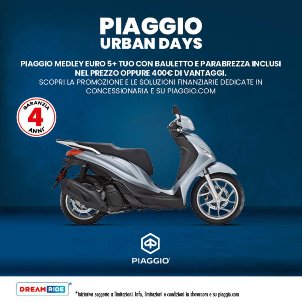 PIAGGIO MEDLEY TUO DA 69€ AL MESE (TAEG 9,74%) CON BAULETTO E PARABREZZA INCLUSI O 400€ DI VANTAGGI.