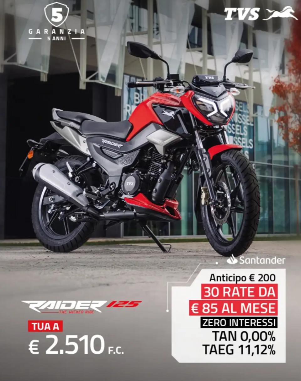 TVS Raider 125 è tua a soli €85 al mese!
