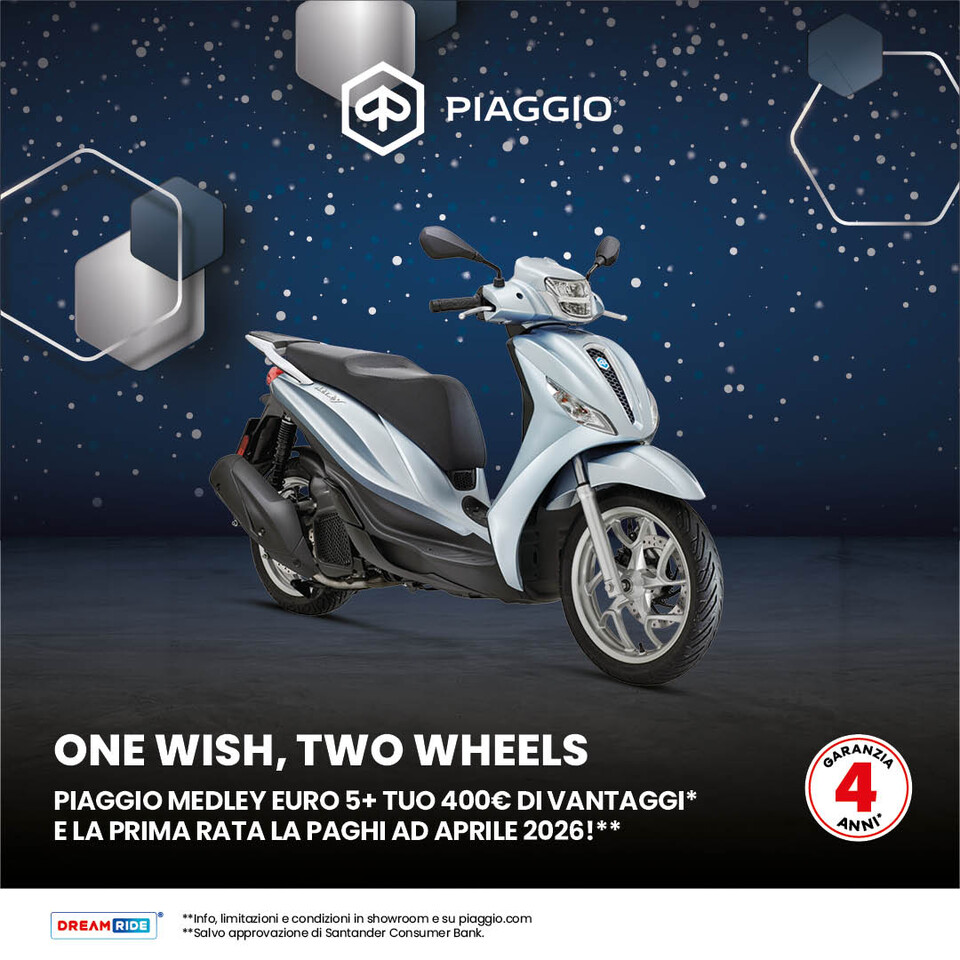 PIAGGIO MEDLEY TUO CON 400€ DI VANTAGGI, SENZA INTERESSI E LA PRIMA RATA A GENNAIO 2026.