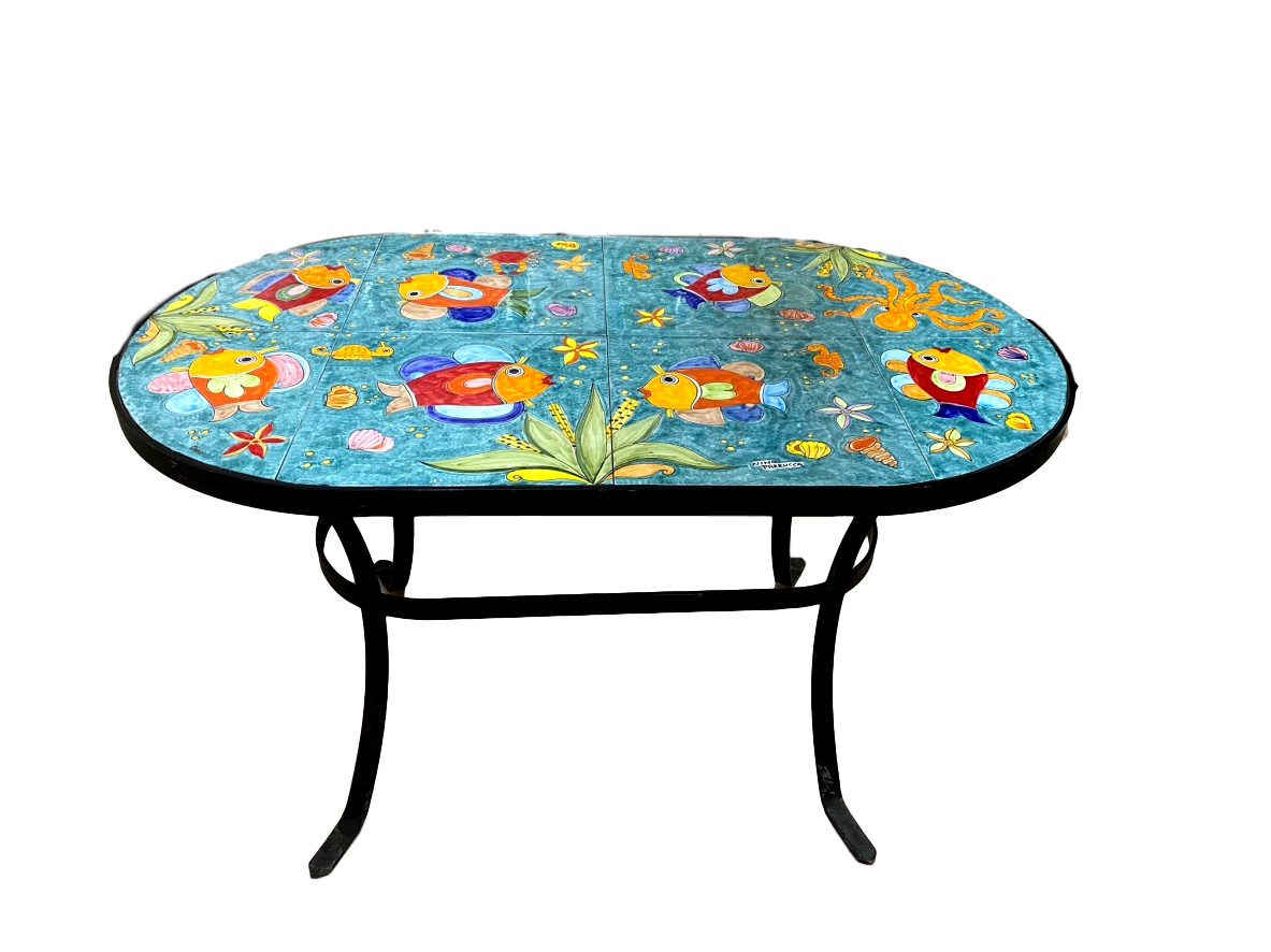 Tavolo Ovale cm.162x82 - Fondale Marino (verde smeraldo) Nino Parrucca in ferro e ceramica