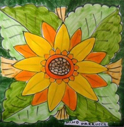 Piastrella in ceramica decoro girasole Quadrata - Cod. 48 Nino Parrucca
