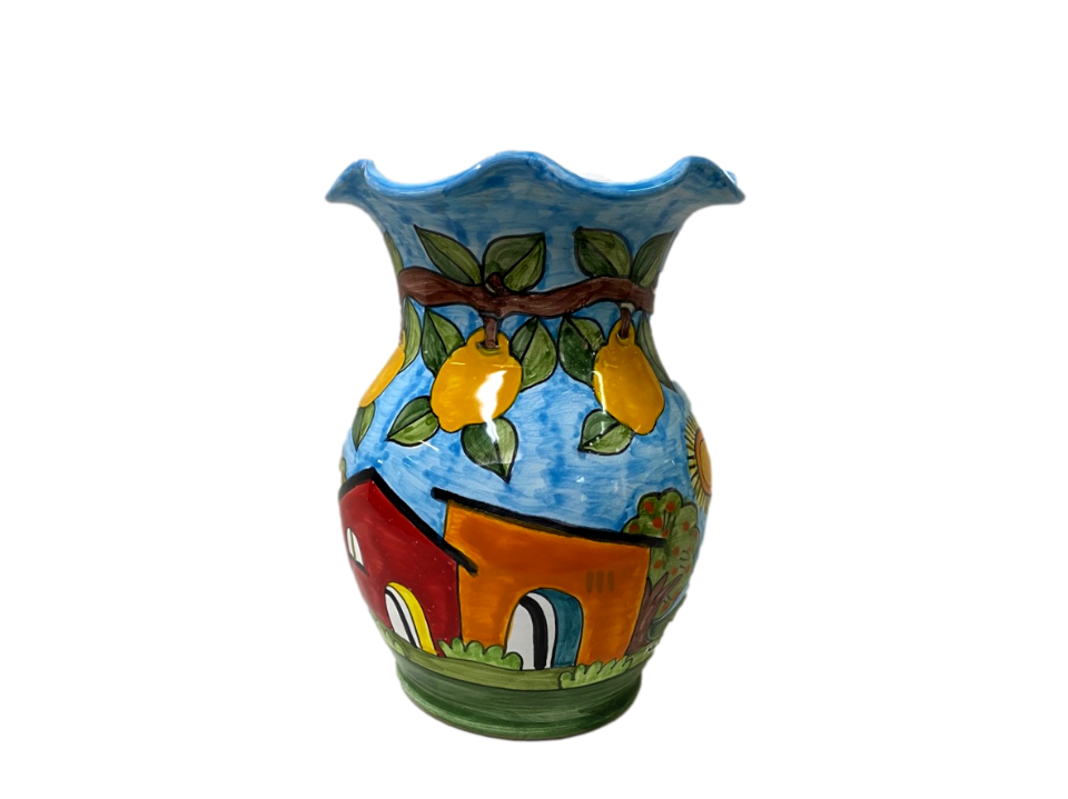Fioriera alta smerlata decoro paesaggio di casette Nino Parrucca