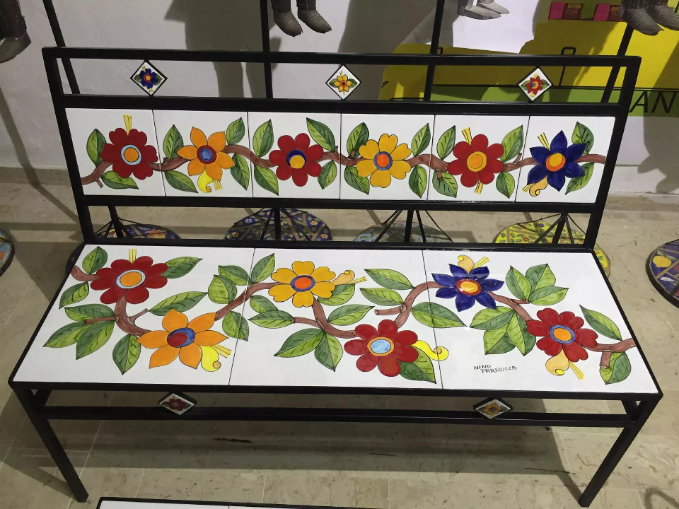 Panchina 3 Posti in ferro - Fiori grandi fondo bianco Nino Parrucca